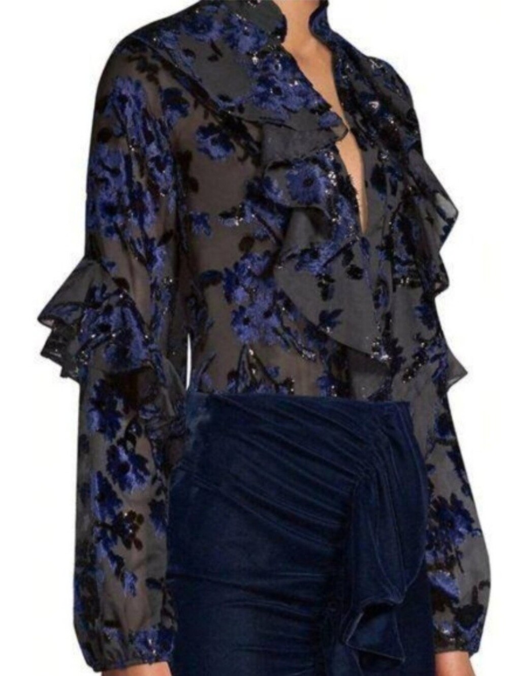 PatBo-  Sheer Ruffled Floral Blouse - Long Sleeves Navy Blue,Size S.